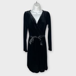 Anne Klein Black Velvet V-Neck Faux Wrap Long Sleeve Ribbon Belt Dress XS 0